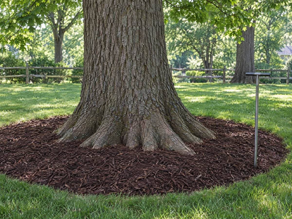 At the base of a bur oak, the root flare sits clear of a fresh mulch ring while a steel soil probe stands in the ground