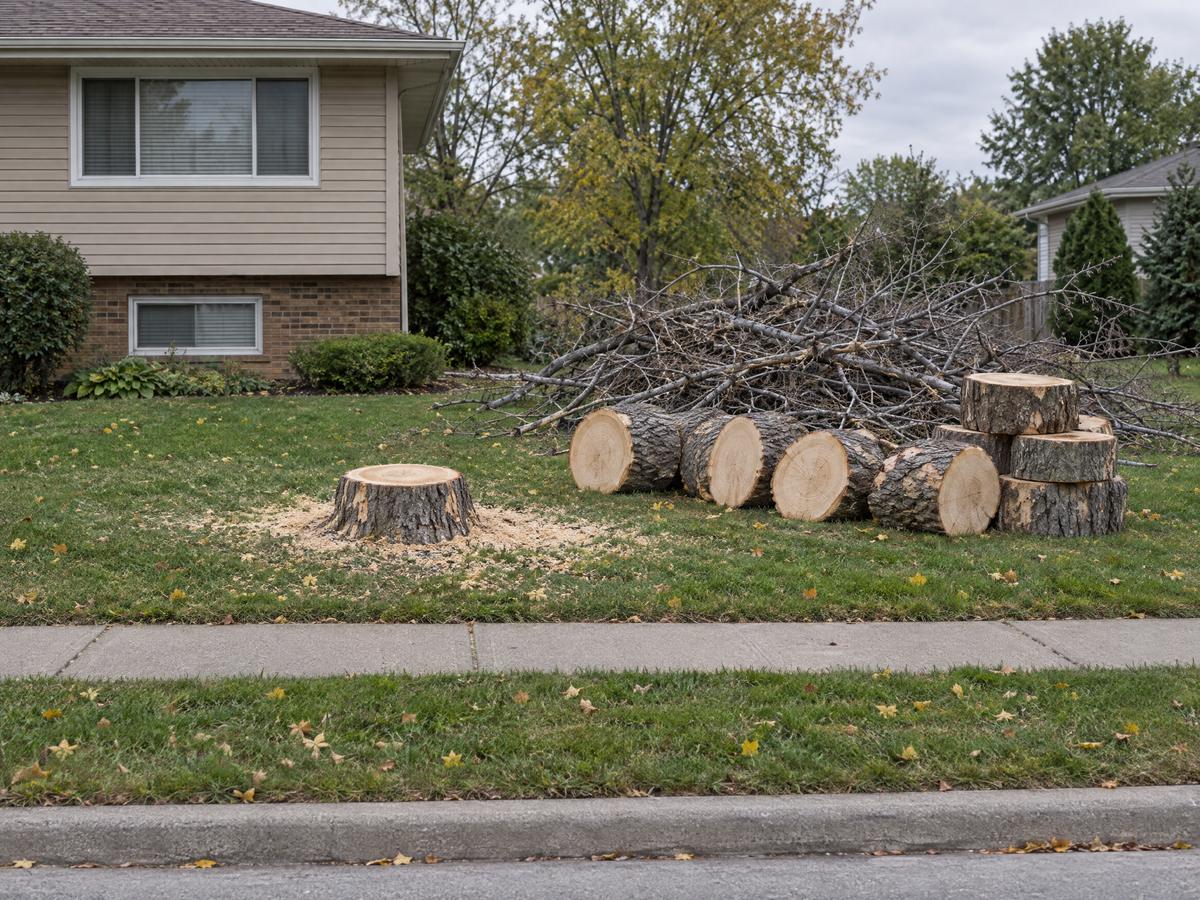 Beside a split-level, a dead ash lies cut into rounds on the lawn near its fresh stump, with a pile of gray limbs behind