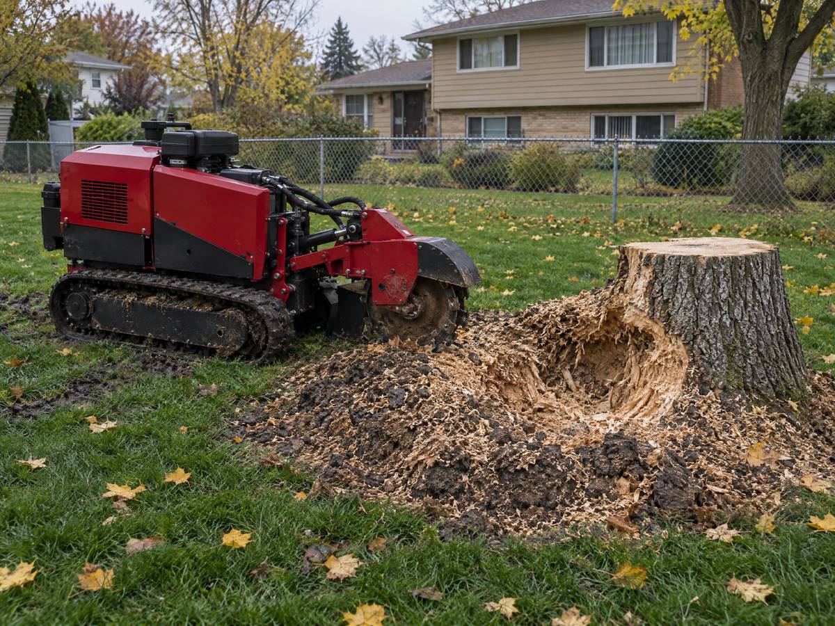 In a clay-soil back lawn, a tracked stump grinder sits next to a maple stump that is half ground into chips